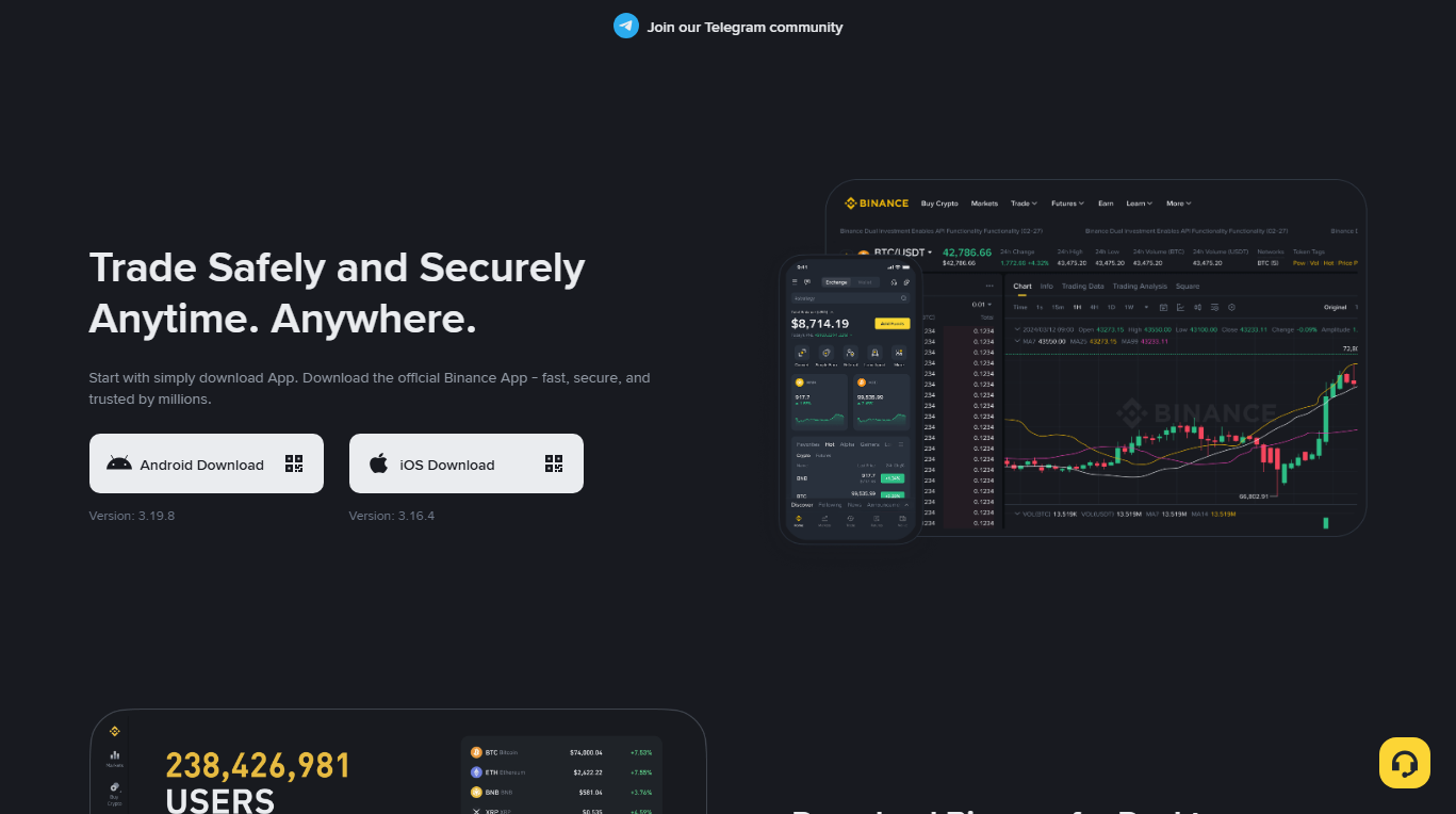 Binance official download page headed Trade Safely and Securely Anytime. Anywhere., with Android Download and iOS Download buttons, each showing a QR code and a version number underneath