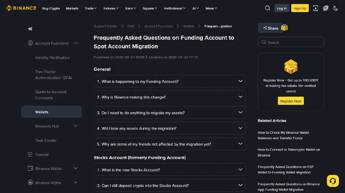 Binance Support page titled Frequently Asked Questions on Funding Account to Spot Account Migration, showing Published on 2026-09-23 10:00 and Updated on 2026-09-24 17:13 under the title, a General section with five collapsed questions about what is happening to the Funding Account, why Binance is making the change, whether users need to act, whether assets can be lost and why some friends are not affected yet, followed by a Stocks Account (formerly Funding Account) section