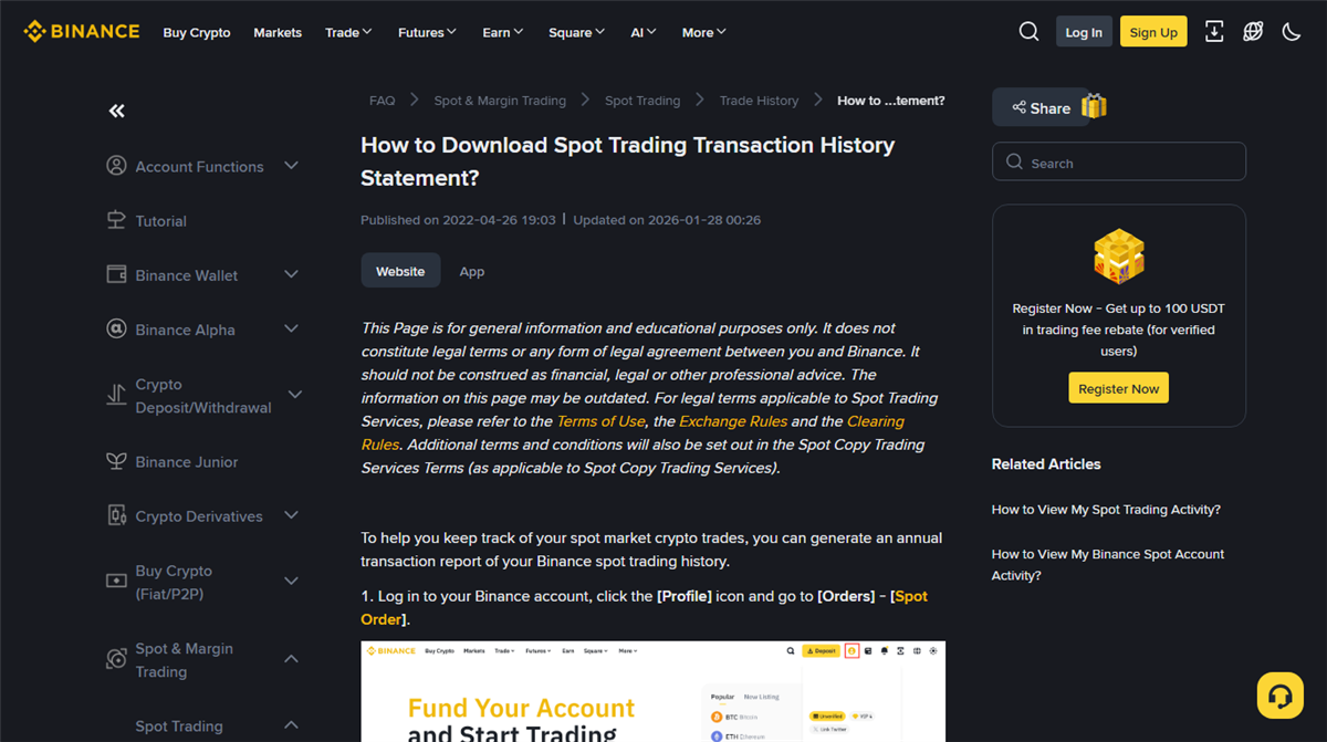 Binance public help page about downloading spot trading history, showing the first instruction to open Profile, Orders and Spot Order, with the top of the menu illustration below