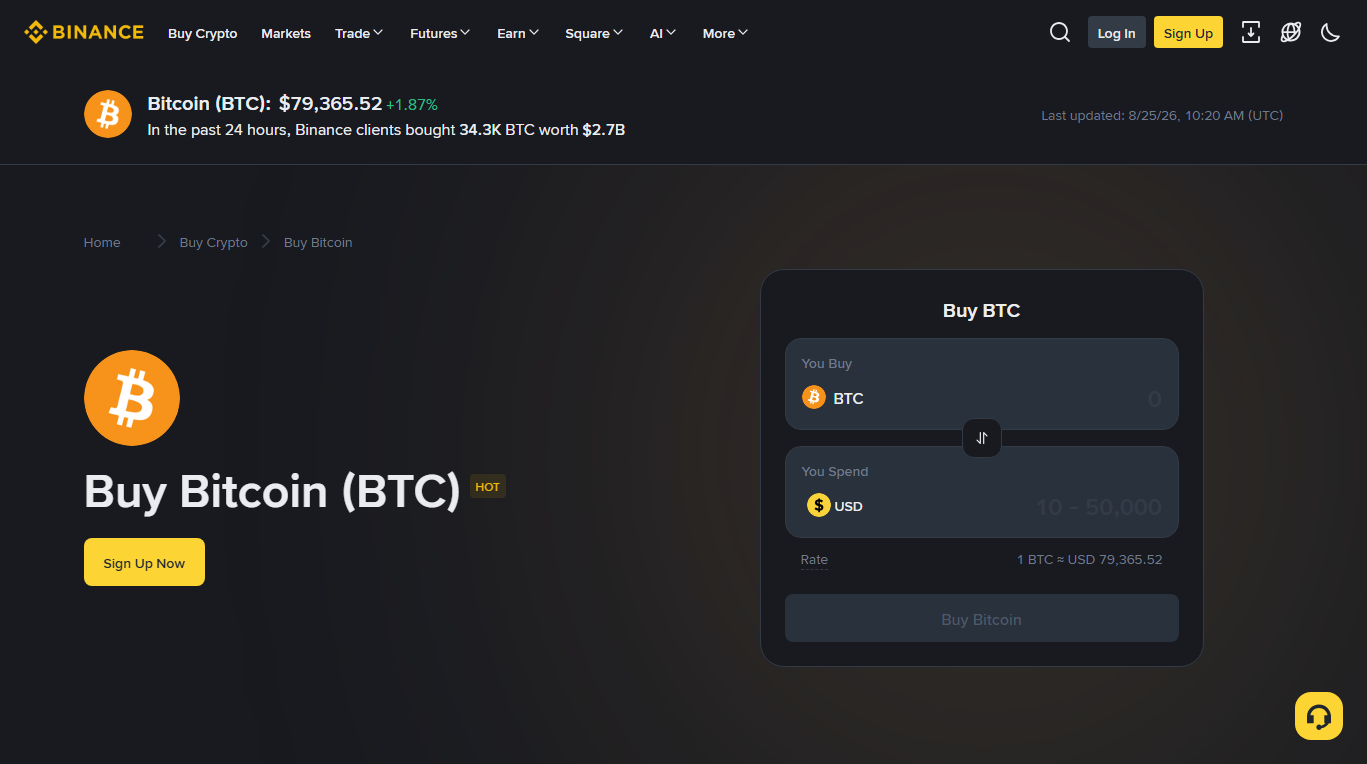 Binance Buy Bitcoin page with a Buy BTC panel; the You Spend field shows a USD placeholder reading 10 – 50,000 and the You Buy field is set to BTC