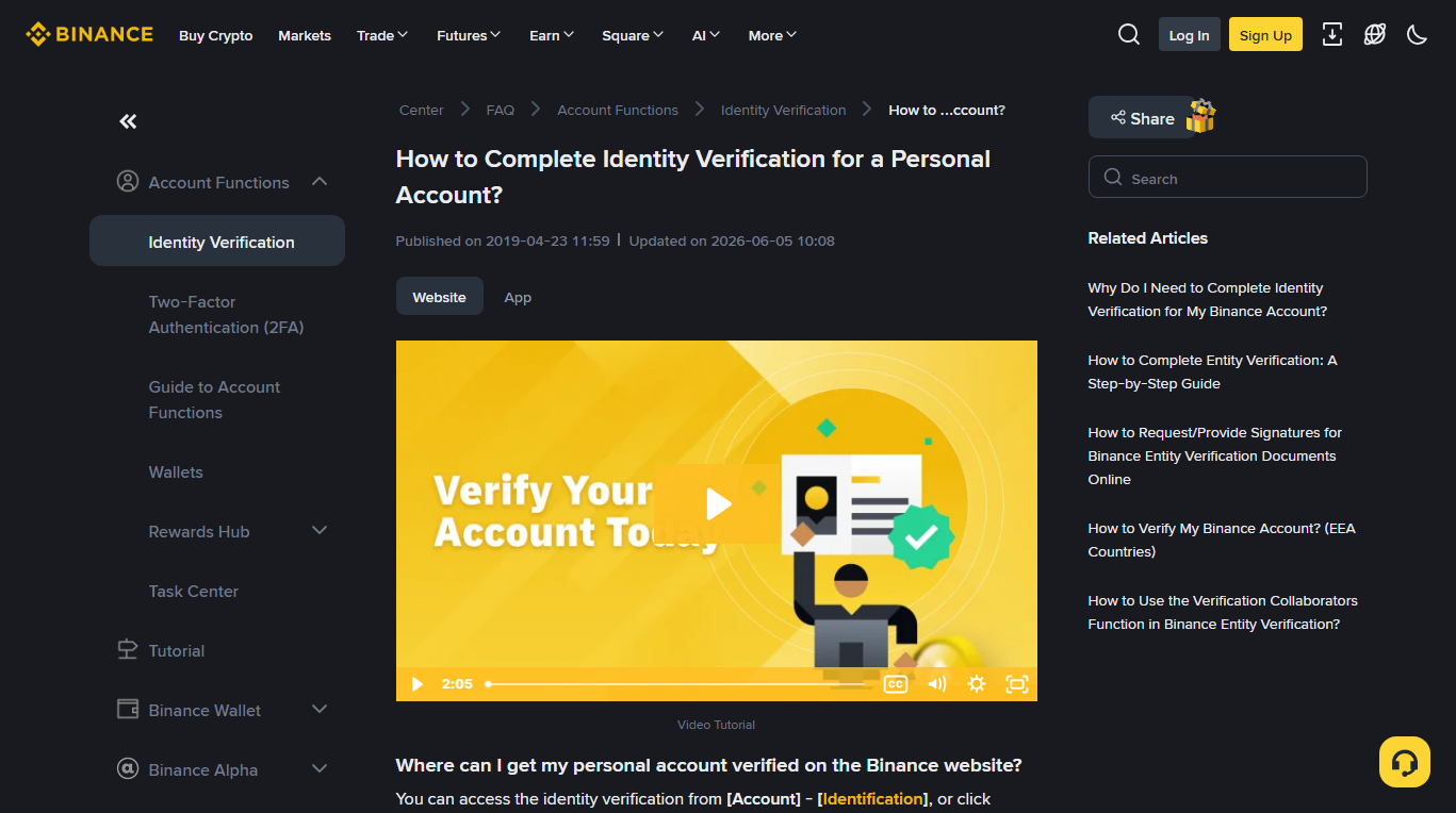 Binance support page titled How to Complete Identity Verification for a Personal Account, with breadcrumb Center, FAQ, Account Functions, Identity Verification, and text explaining the entry point is Account then Identification