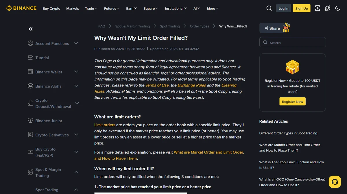 Binance public help page titled Why Wasn't My Limit Order Filled, showing the published and updated dates, the heading When will my limit order fill, and the first of the three conditions