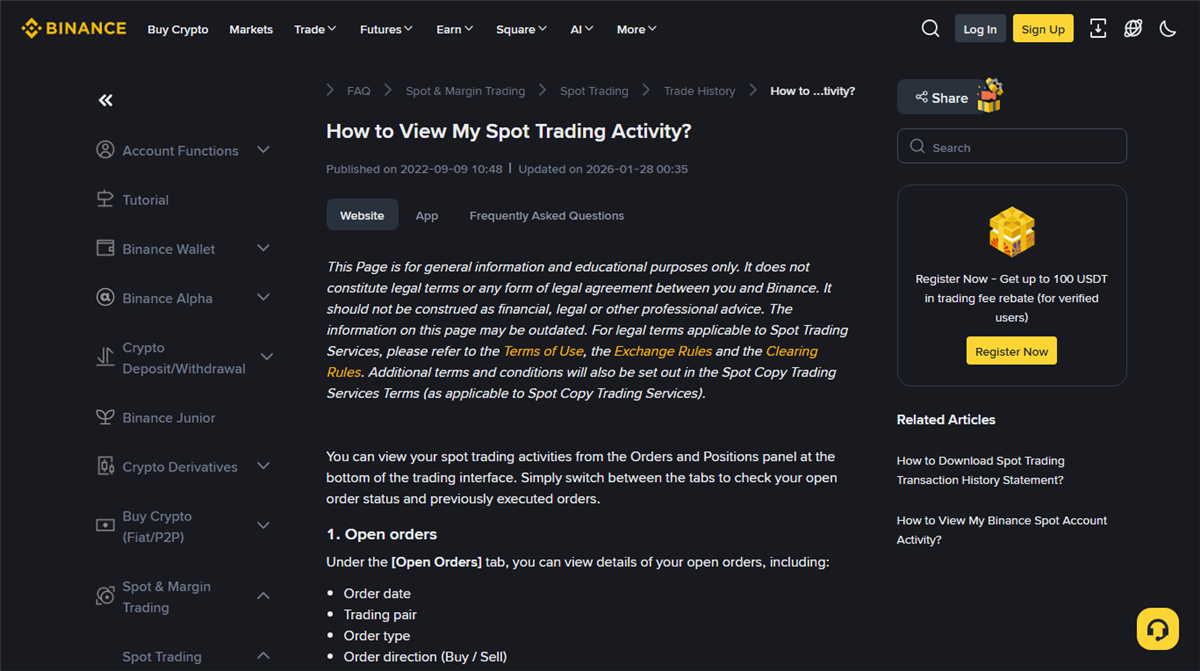 Binance public help page about viewing spot trading activity, showing the Open Orders section and a bulleted list of order fields