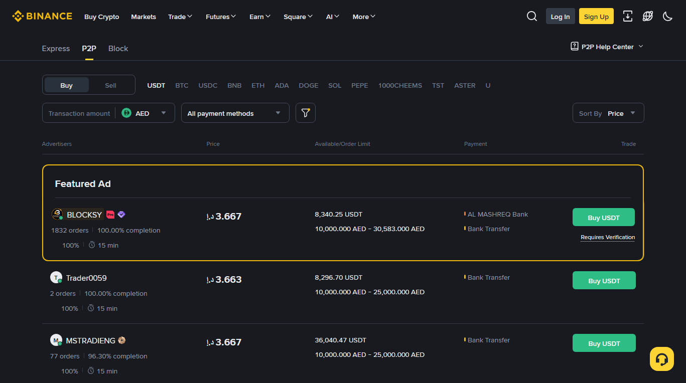 Binance P2P advertiser listing; each row shows the seller name with order count, completion percentage and average release time in minutes, alongside price, available amount, order limits and accepted payment method