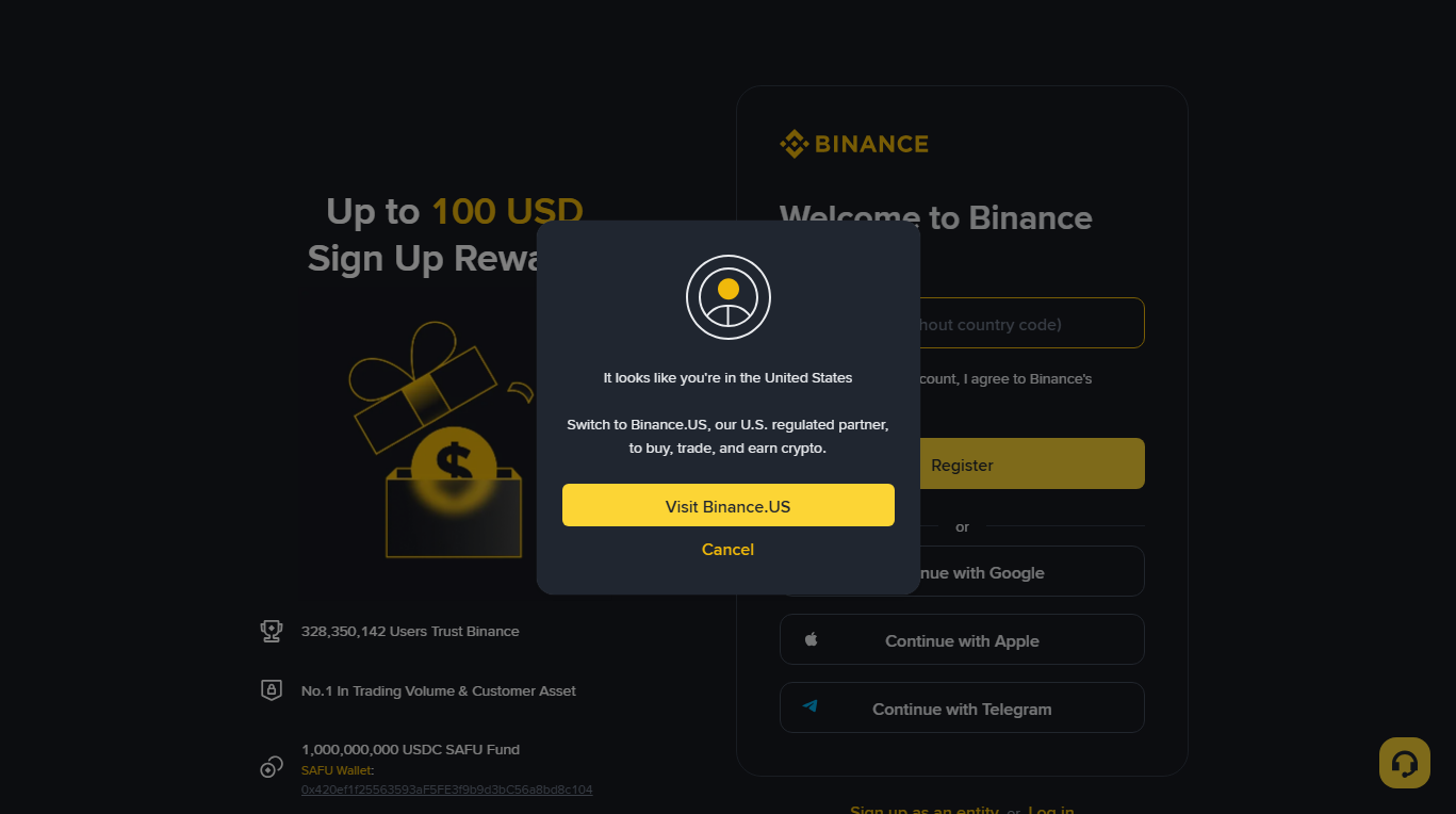 Binance registration page with a dialog reading: It looks like you're in the United States. Switch to Binance.US, our U.S. regulated partner, to buy, trade, and earn crypto. Buttons: Visit Binance.US, Cancel. Behind it the sign-up panel shows Continue with Google, Apple and Telegram