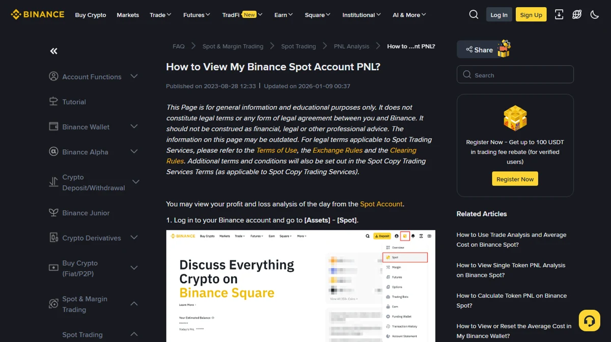Binance English help page titled How to View My Binance Spot Account PNL, showing the Assets to Spot instruction and an official illustration with Spot highlighted in the account menu