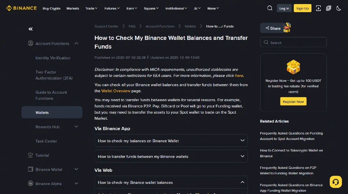 Binance Support page titled How to Check My Binance Wallet Balances and Transfer Funds, showing Published on 2020-07-02 and Updated on 2025-12-09, a MiCA stablecoin disclaimer for EEA users, a paragraph saying funds received via Binance P2P, Pay, Giftcard or Pool go to the Funding wallet and may need to be transferred to the Spot wallet, then collapsed step groups headed Via Binance App and Via Web