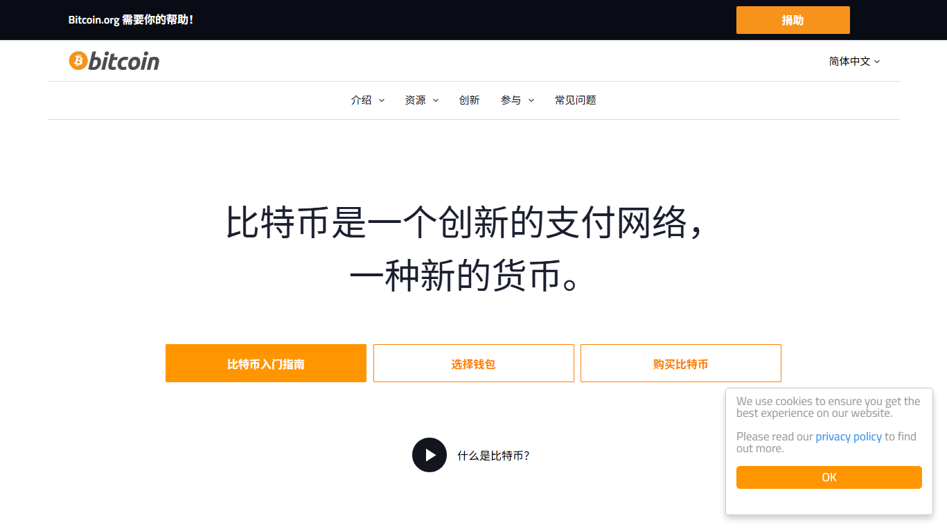 bitcoin.org 简体中文首页，标题写着「比特币是一个创新的支付网络，一种新的货币」，下方有入门指南、选择钱包、购买比特币三个按钮